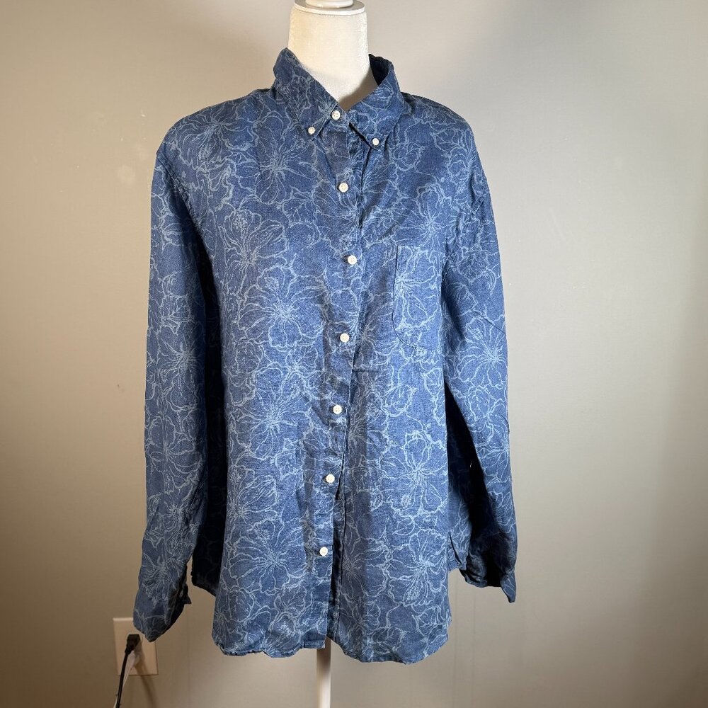 J. Crew Mens XL Floral Blue 100% Linen Long Sleeve Button Up Formal Collar Shirt